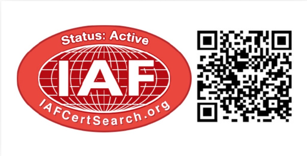 IAF certification verification — Status Active with QR code for IAFCertSearch.org